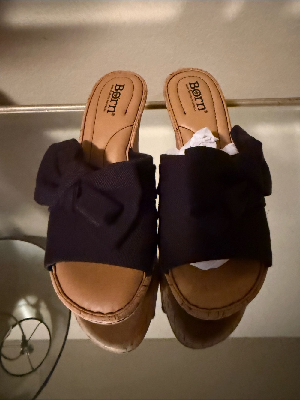 Born Black Bow Slide Mules with Tan Footbed